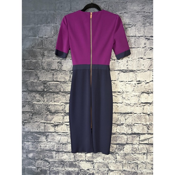 Ted Baker Dress Womens Small Purple Navy Colorblock Belted Sheath Midi Work - Picture 5 of 16
